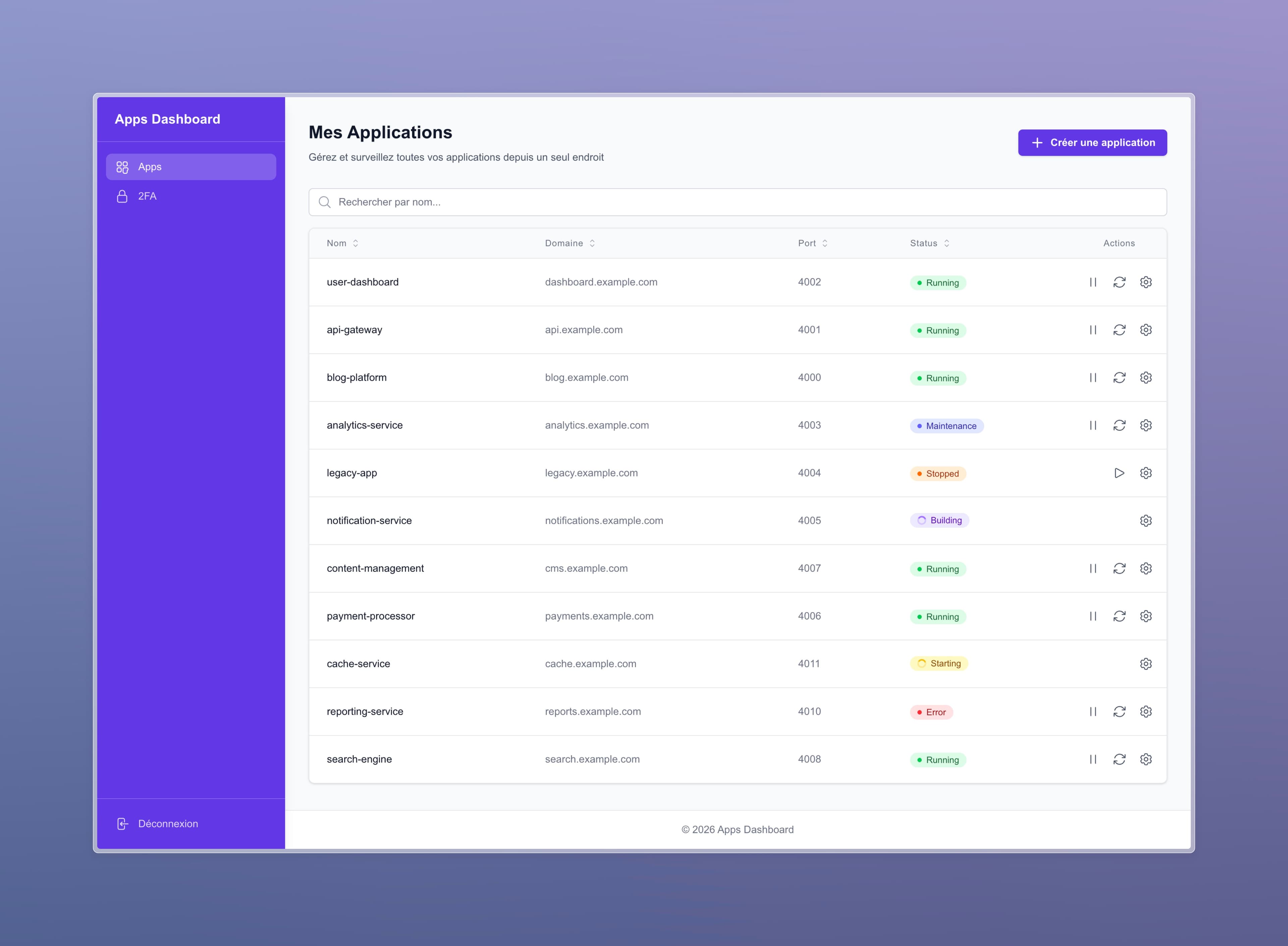 Capture d'écran de la page d'accueil du dashboard d'applications