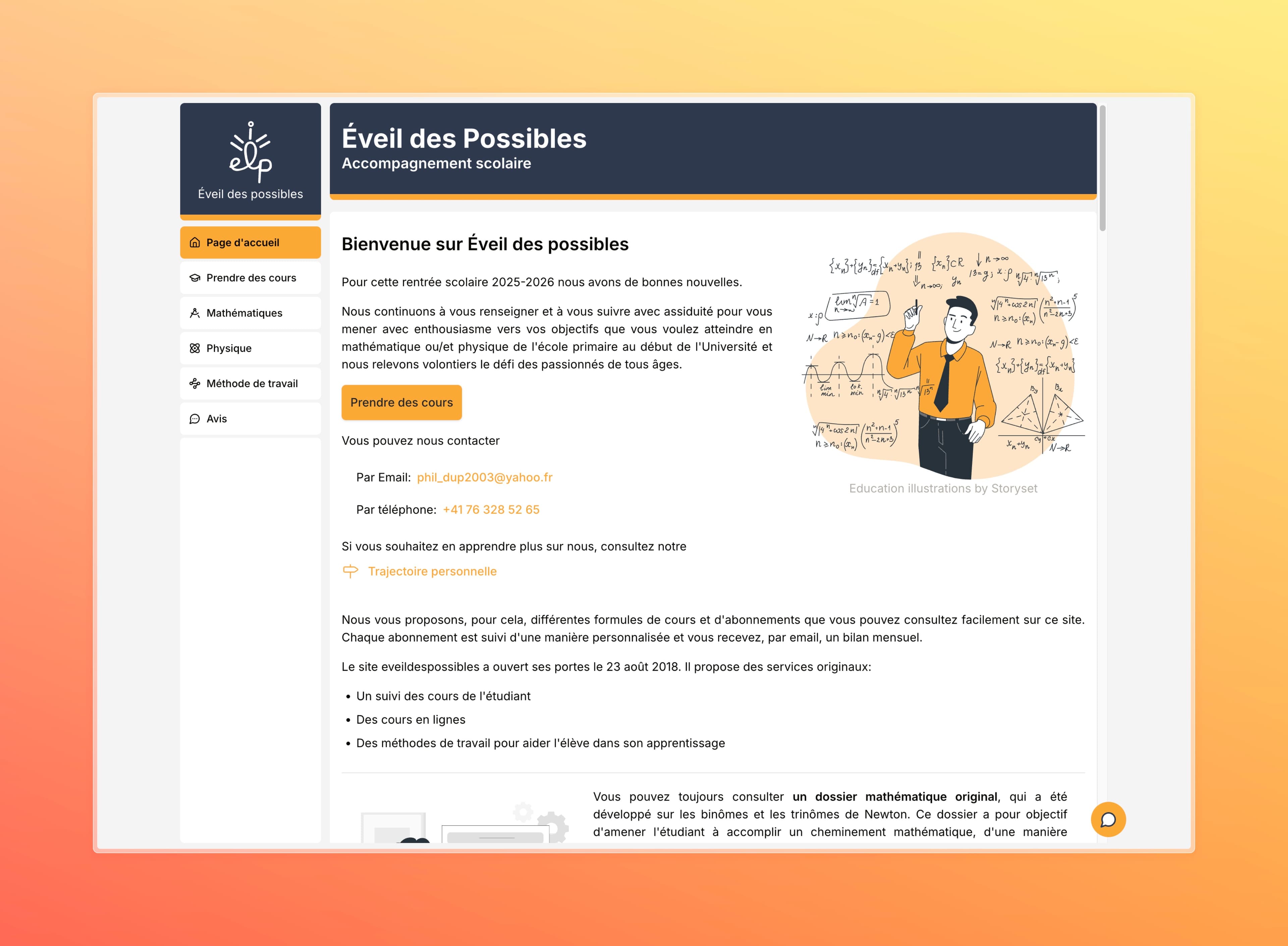 Page d'accueil du site Éveil des Possibles avec navigation latérale et contenu de bienvenue