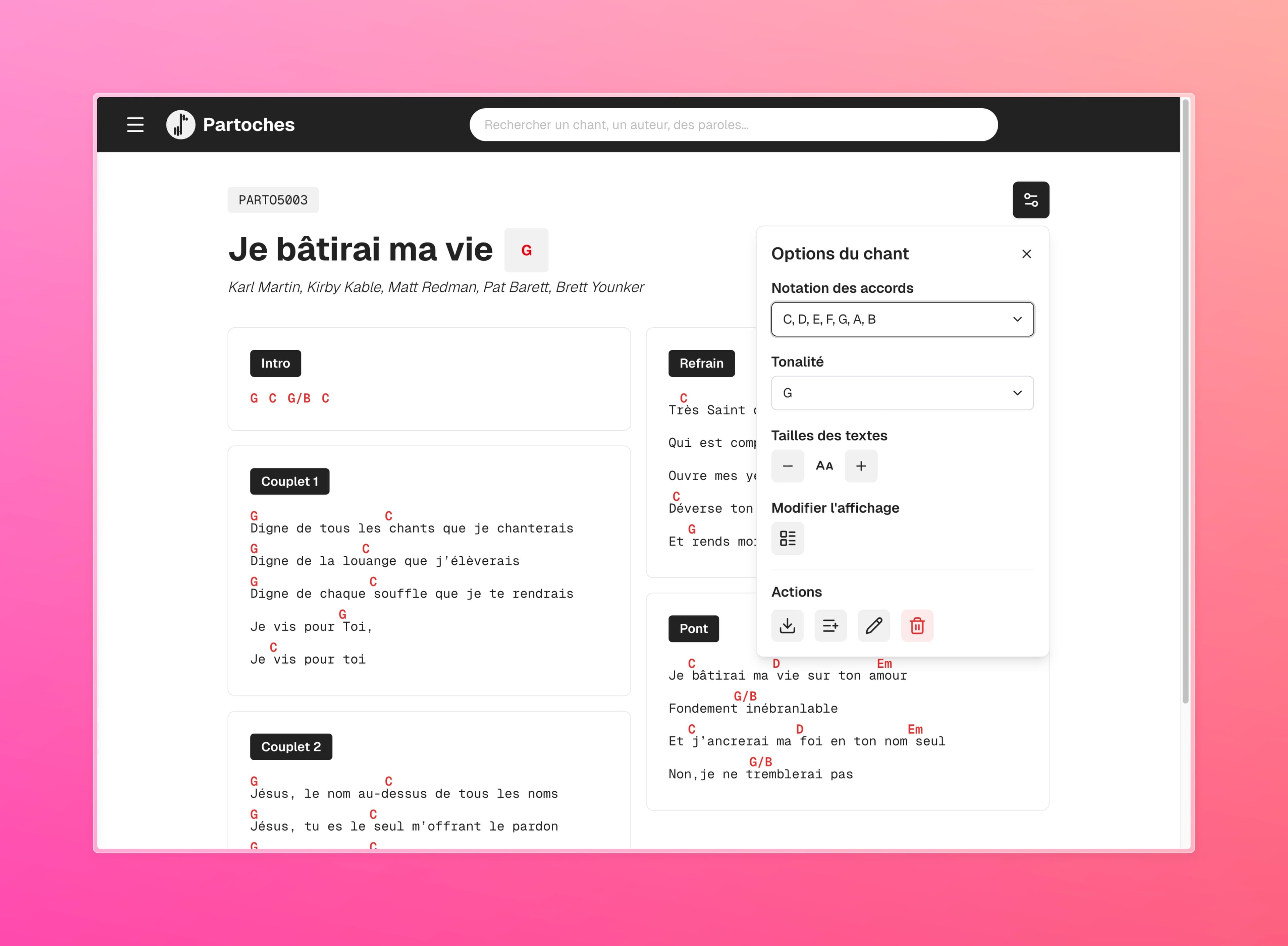 Vue d'un chant avec accords dans l'application Partoches, prête pour une répétition musicale